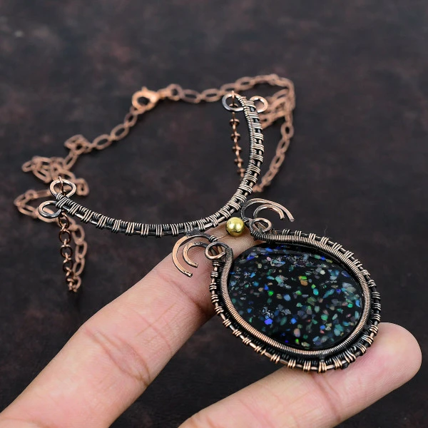 Black Ethiopian Opal Oval Black Handmade Copper Wire Wrapped Necklace