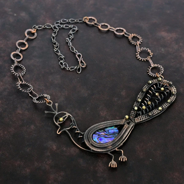 Abalone Shell Oval Blue Handmade Copper Wire Wrapped Necklace
