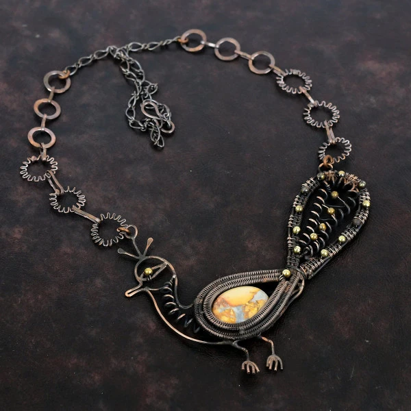 Maligano Jasper Oval Yellow Handmade Copper Wire Wrapped Necklace