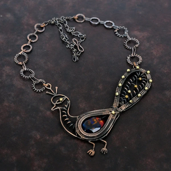 Ammolite Oval Red Handmade Copper Wire Wrapped Necklace