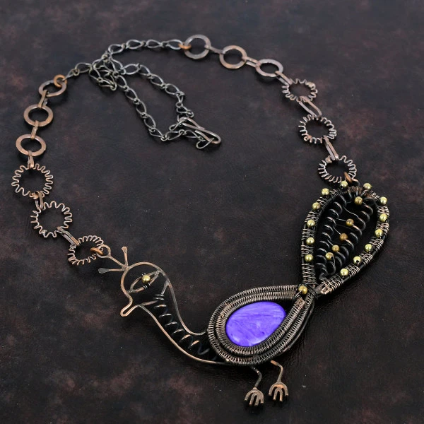 Charoite Oval Purple Handmade Copper Wire Wrapped Necklace