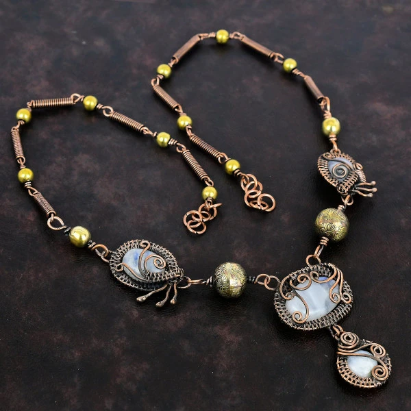 Rainbow Moonstone Oval White Handmade Copper Wire Wrapped Necklace