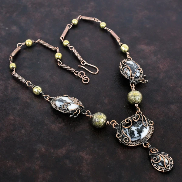 White Buffalo Turquoise Oval White Handmade Copper Wire Wrapped Necklace
