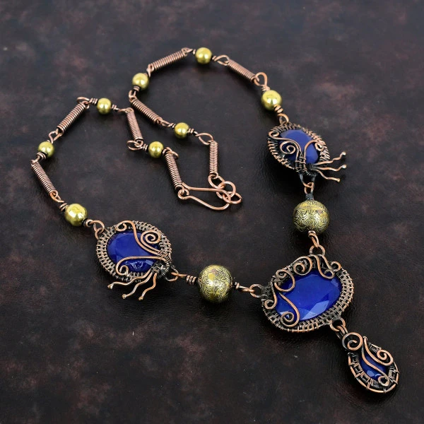 Blue Sapphire Oval Blue Handmade Copper Wire Wrapped Necklace