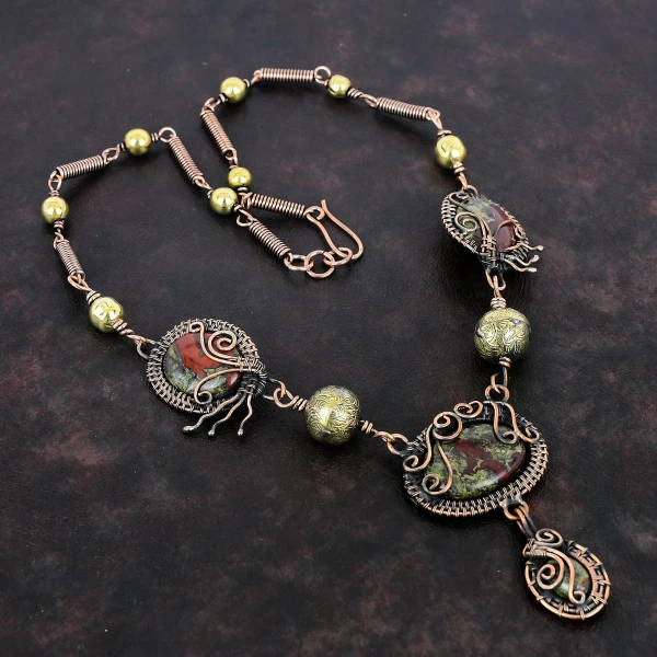 Dragon Bloodstone Oval Green Handmade Copper Wire Wrapped Necklace