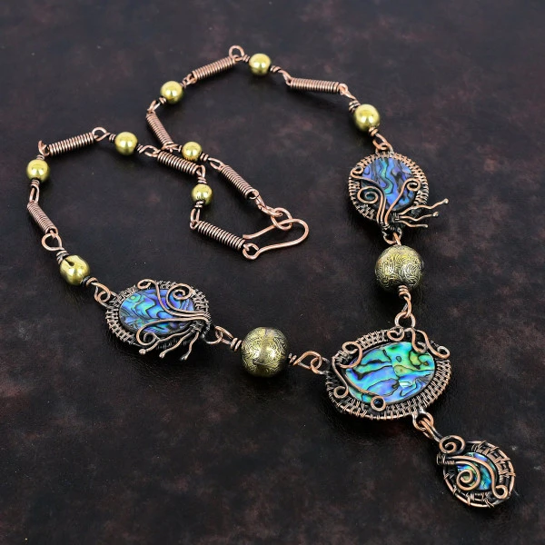 Abalone Shell Oval Green Handmade Copper Wire Wrapped Necklace