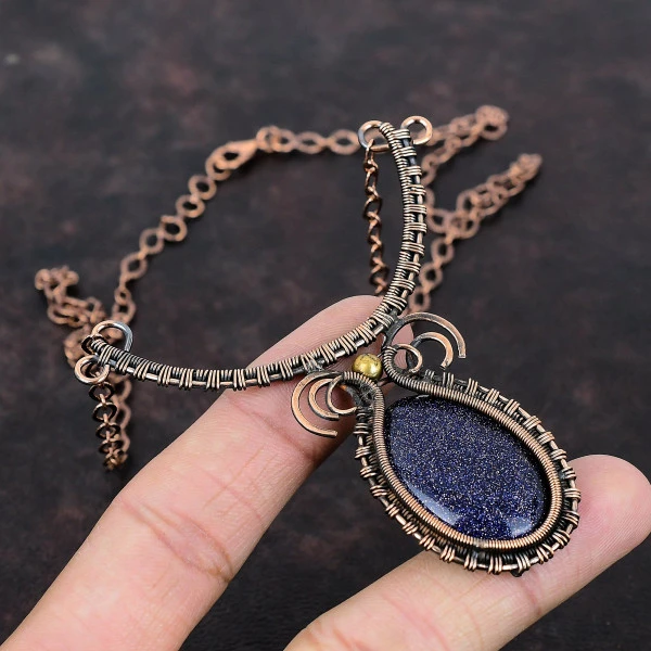 Blue Sunstone Oval Blue Handmade Copper Wire Wrapped Necklace