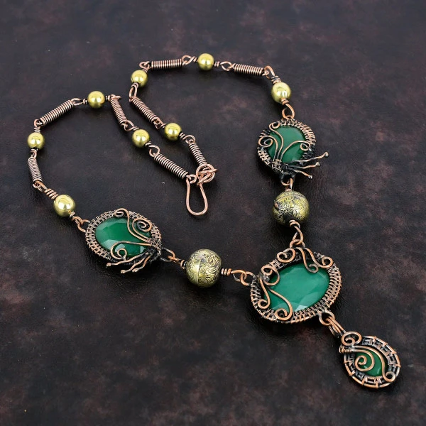 Zambian Emerald Oval Green Handmade Copper Wire Wrapped Necklace