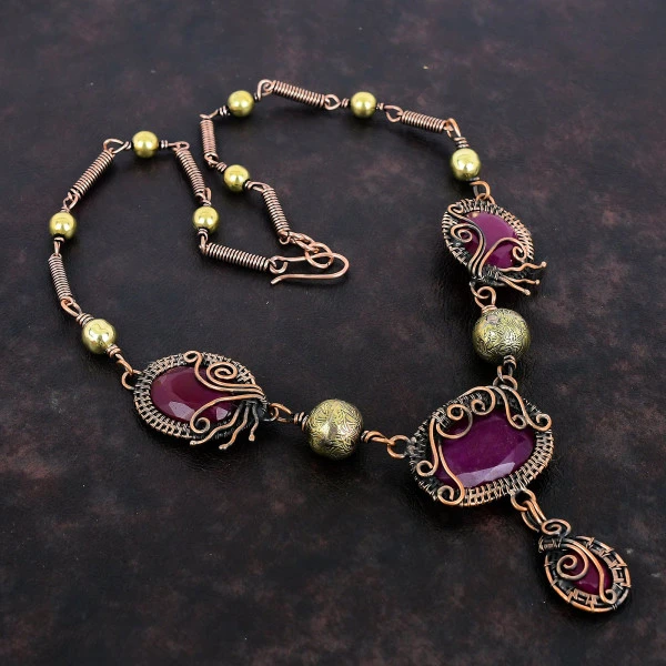 Kashmir Ruby Oval Red Handmade Copper Wire Wrapped Necklace
