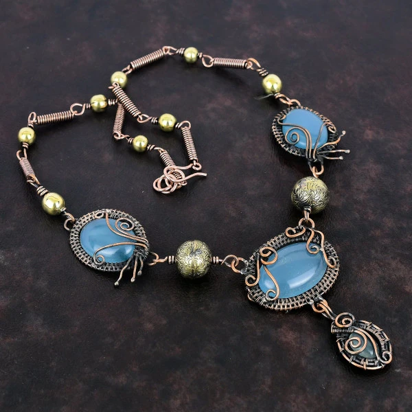 Aquamarine Oval Blue Handmade Copper Wire Wrapped Necklace
