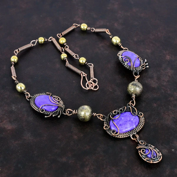 Charoite Oval Purple Handmade Copper Wire Wrapped Necklace
