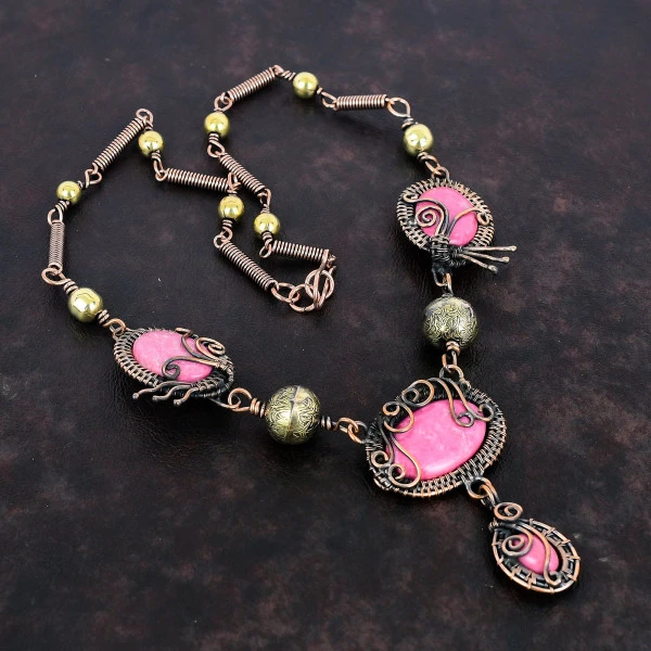 Thulite Oval Pink Handmade Copper Wire Wrapped Necklace