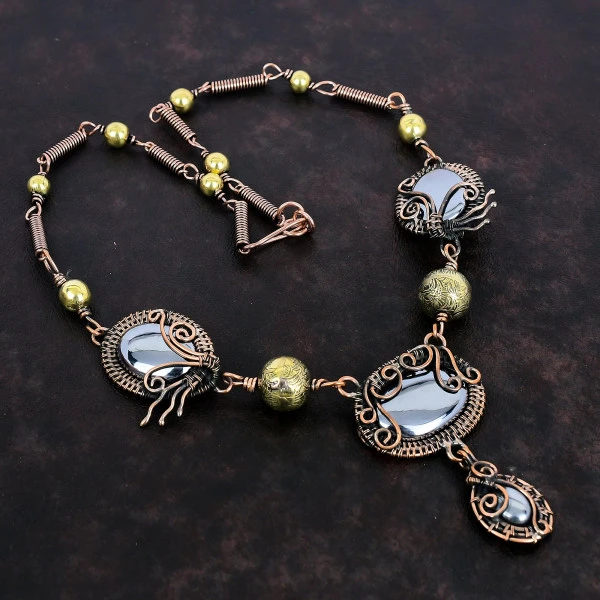 Shungite Oval Black Handmade Copper Wire Wrapped Necklace