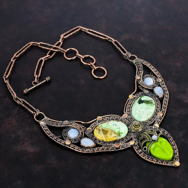 Green Carved Bone Face Oval Green Handmade Copper Wire Wrapped Necklace