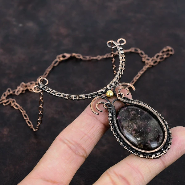 Pink Tourmaline Oval Pink Handmade Copper Wire Wrapped Necklace