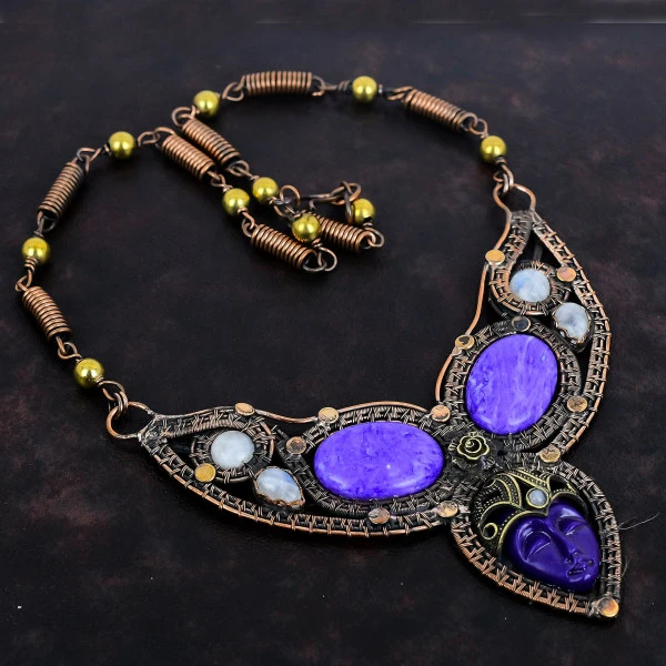 Purple Carved Bone Face Oval Purple Handmade Copper Wire Wrapped Necklace