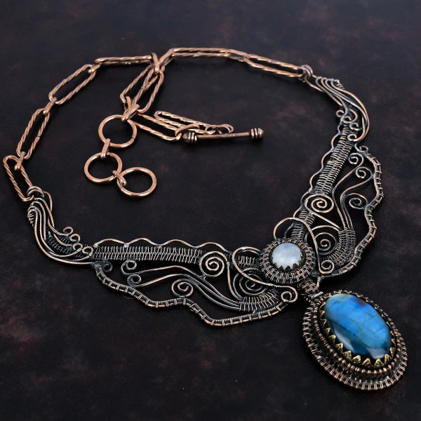 Labradorite Oval Gray Handmade Copper Wire Wrapped Necklace