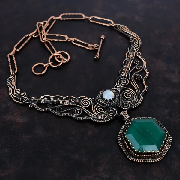 Zambian Emerald Oval Green Handmade Copper Wire Wrapped Necklace