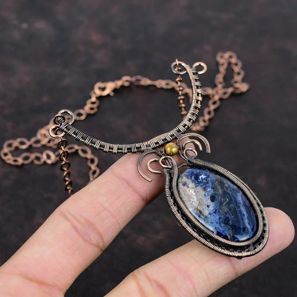 Sodalite  Oval Blue Handmade Copper Wire Wrapped Necklace