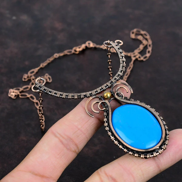 Sleeping Beauty Turquoise Oval Blue Handmade Copper Wire Wrapped Necklace