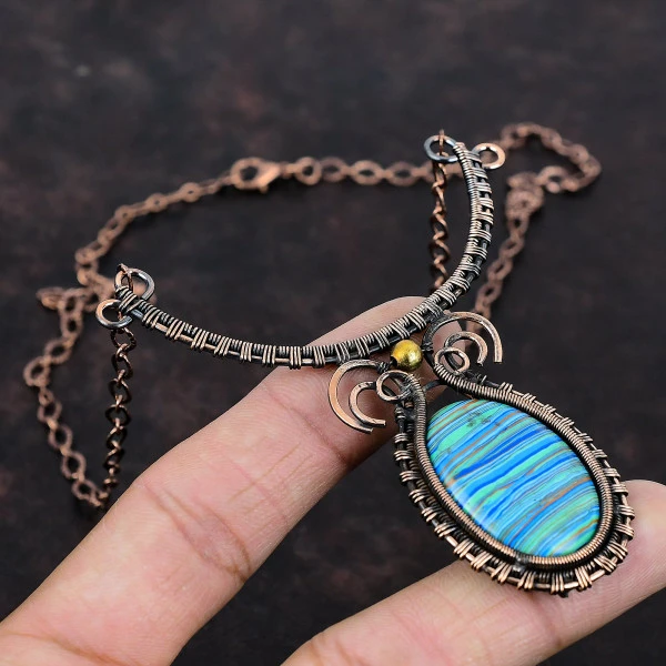 Rainbow Calsilica Oval Blue Handmade Copper Wire Wrapped Necklace
