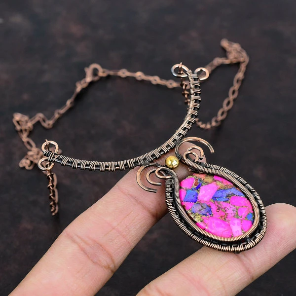 Natural Kingman Pink Dahlia Turquoise Oval Pink Handmade Copper Wire Wrapped Necklace