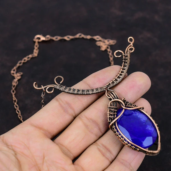 Blue Sapphire Oval Blue Handmade Copper Wire Wrapped Necklace