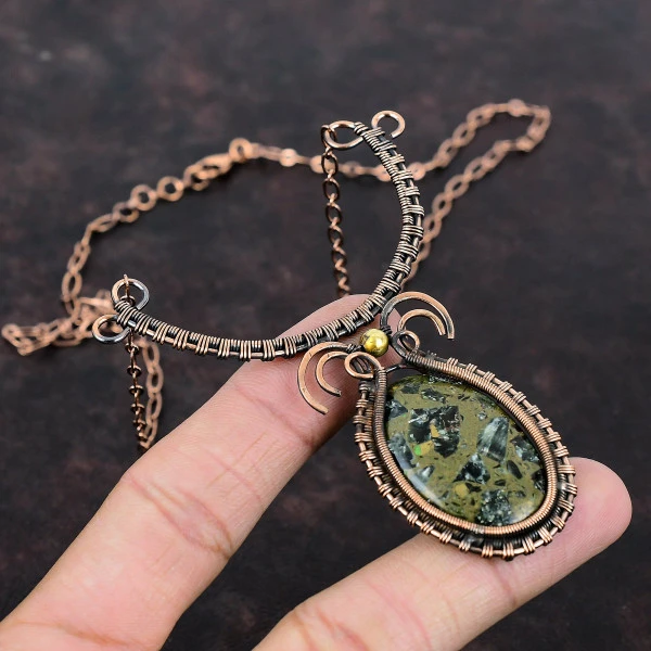 Copper Seraphinite Oval Green Handmade Copper Wire Wrapped Necklace