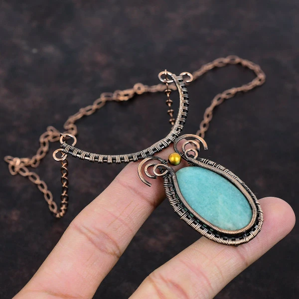 Amazonite Oval Green Handmade Copper Wire Wrapped Necklace