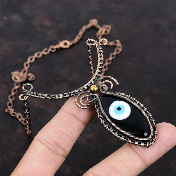 Black Color Evil Eye Marquise Black Handmade Copper Wire Wrapped Necklace
