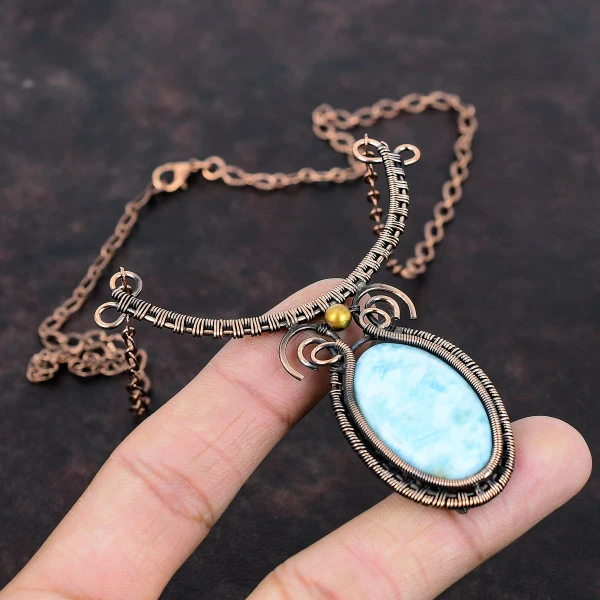 Larimar Oval Blue Handmade Copper Wire Wrapped Necklace