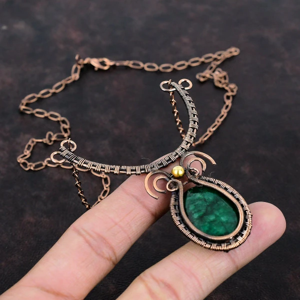 Zambian Emerald Oval Green Handmade Copper Wire Wrapped Necklace