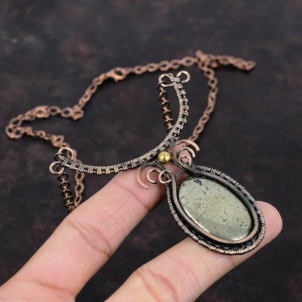 Apache Pyrite Oval Gold Handmade Copper Wire Wrapped Necklace