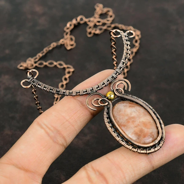 Sunstone Oval Orange Handmade Copper Wire Wrapped Necklace
