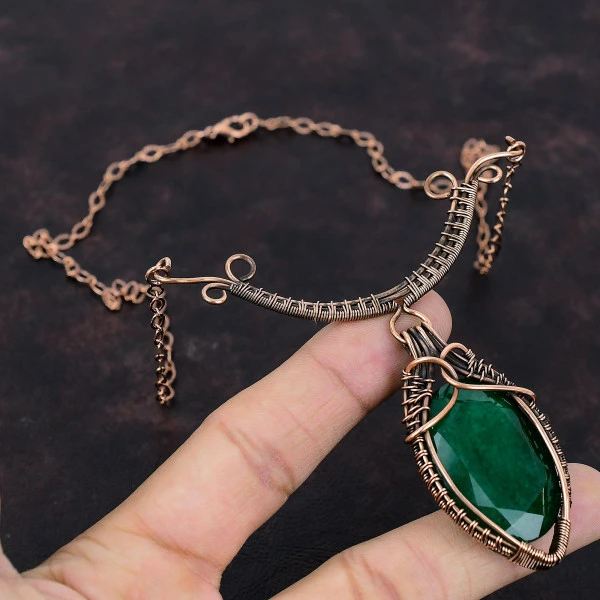 Zambian Emerald Oval Green Handmade Copper Wire Wrapped Necklace