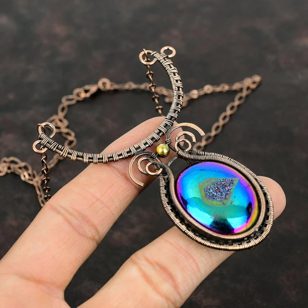Titanium Druzy Oval Blue Handmade Copper Wire Wrapped Necklace