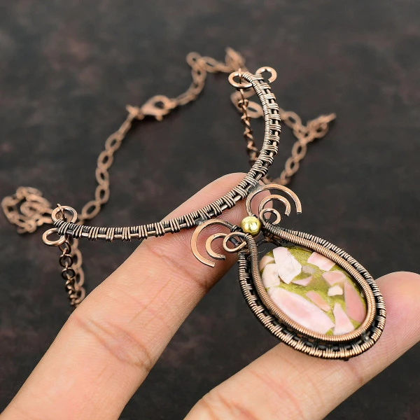 Copper Pink Opal Oval Pink Handmade Copper Wire Wrapped Necklace