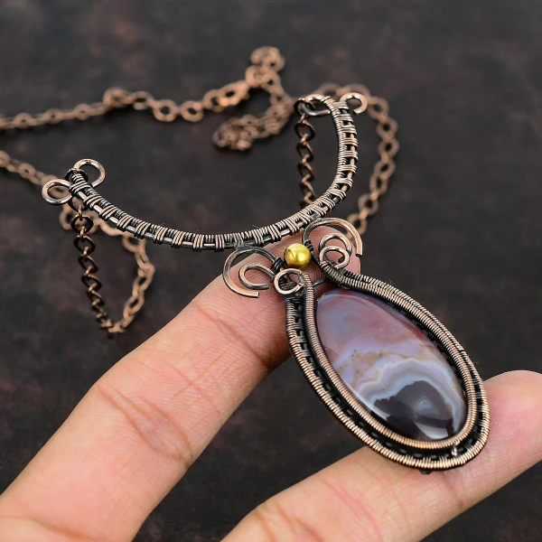 Crazy Lace Agate Oval Red Handmade Copper Wire Wrapped Necklace