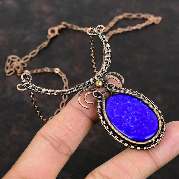 Lapis Lazuli Oval Blue Handmade Copper Wire Wrapped Necklace