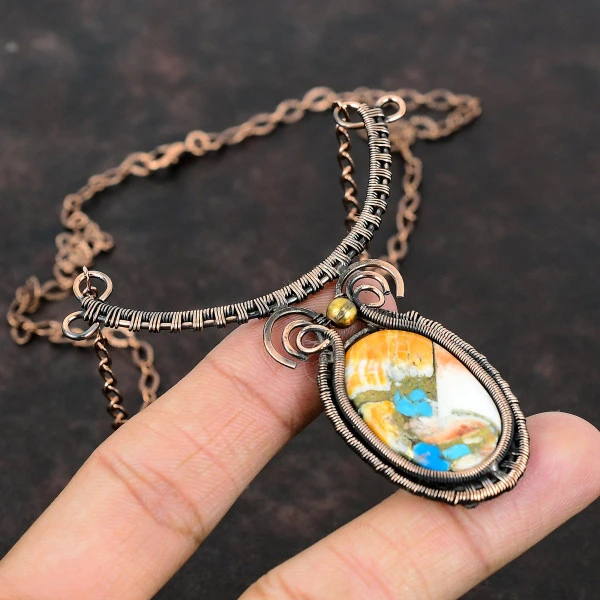 Spiny Oyster Copper Turquoise Oval Orange Handmade Copper Wire Wrapped Necklace