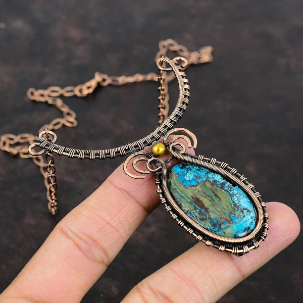 Shattuckite Oval Blue Handmade Copper Wire Wrapped Necklace