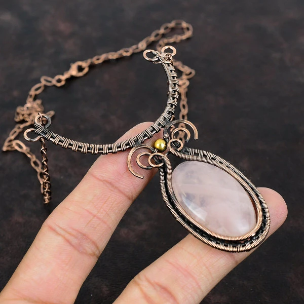 Rose Quartz Oval Pink Handmade Copper Wire Wrapped Necklace