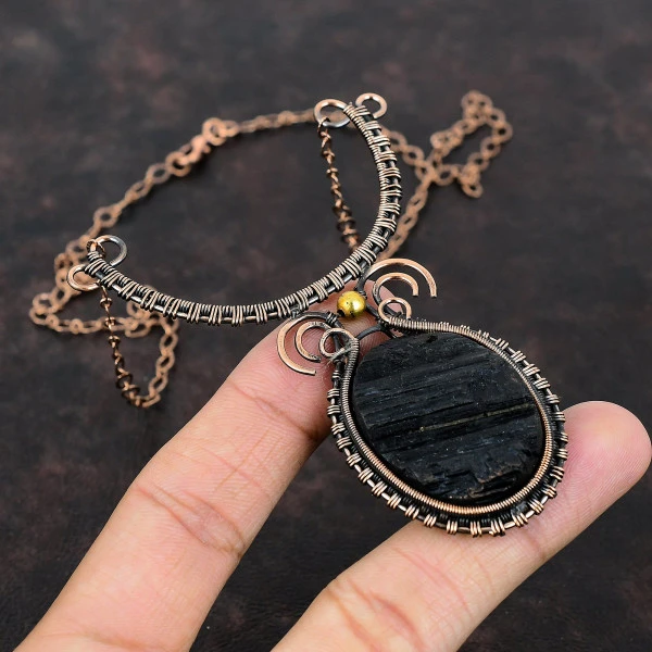 Black Tourmaline Rough Oval Black Handmade Copper Wire Wrapped Necklace
