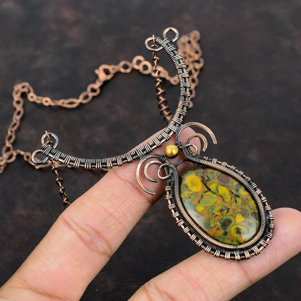 Fruit Jasper Oval Yellow Handmade Copper Wire Wrapped Necklace