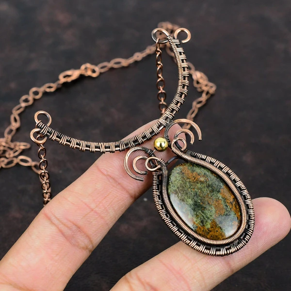 Spessartine Garnet in Limestone Oval Green Handmade Copper Wire Wrapped Necklace