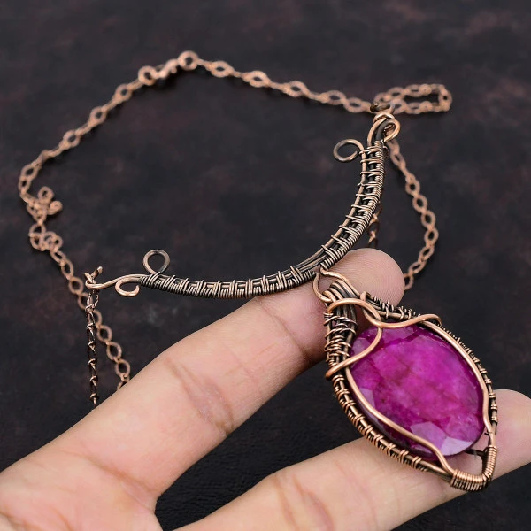 Kashmir Ruby Oval Pink Handmade Copper Wire Wrapped Necklace