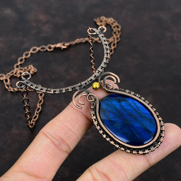 Blue Fire Labradorite Oval Blue Handmade Copper Wire Wrapped Necklace