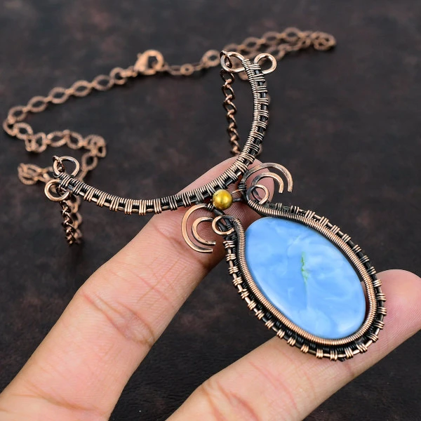 Owyhee Blue Opal Oval Blue Handmade Copper Wire Wrapped Necklace