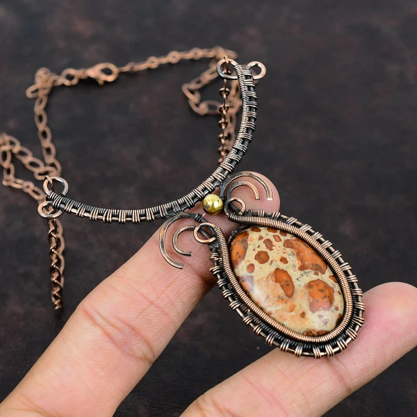 Asteroid Jasper Oval Red Handmade Copper Wire Wrapped Necklace