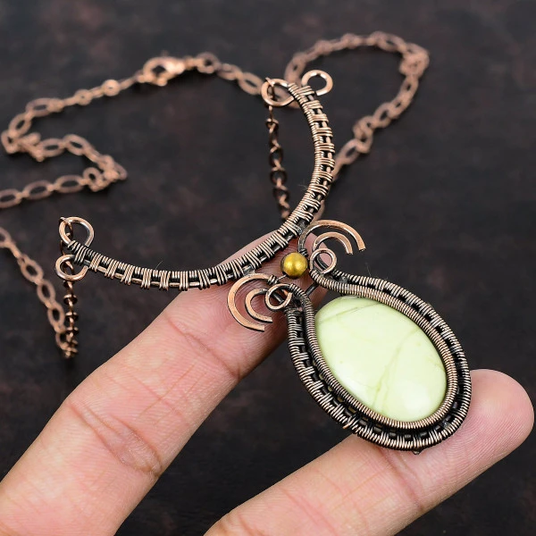 Serpentine Oval Green Handmade Copper Wire Wrapped Necklace